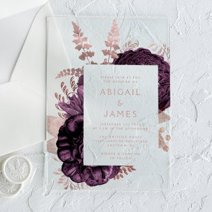 Elegant Romantic Purple Rose Gold Floral Acrylic Invitations