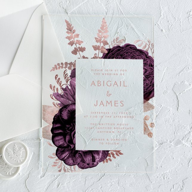 Elegant Romantic Purple Rose Gold Floral Acrylic Invitations (Creator Uploaded)