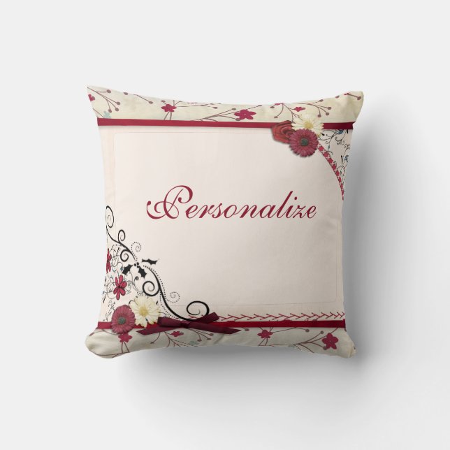 Elegant Romantic Red Floral Border Personalise Cushion (Front)