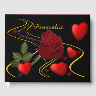 Elegant Romantic Red Rose Hearts Gold Accent Guest Book