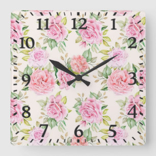 Elegant Romantic Rose Floral Pattern Square Wall Clock