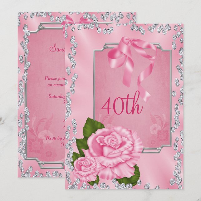 Elegant Romantic Roses & Bows 40th Invitation (Front/Back)