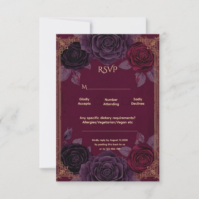 Elegant Romantic Roses Gothic Wedding RSVP Card (Front)