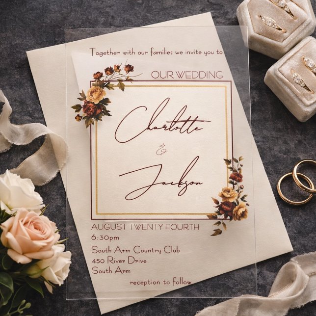 Elegant Romantic Rusty Rose Autumn Wedding Acrylic Invitations (Creator Uploaded)