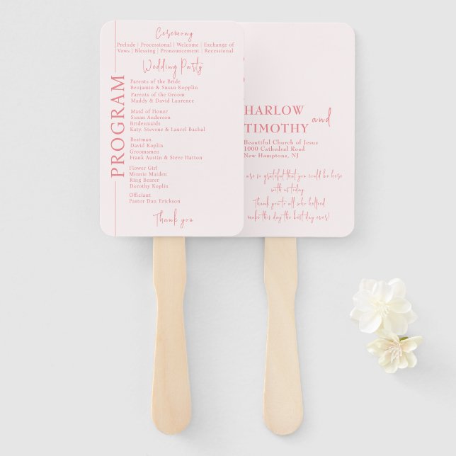 Elegant Romantic Script Blush Pink Wedding Program Hand Fan (Front and Back)