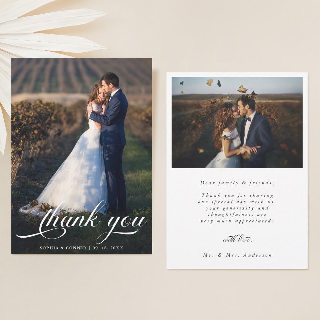 Elegant Romantic Script Wedding 2 Photo Thank You Card (Front & Back)