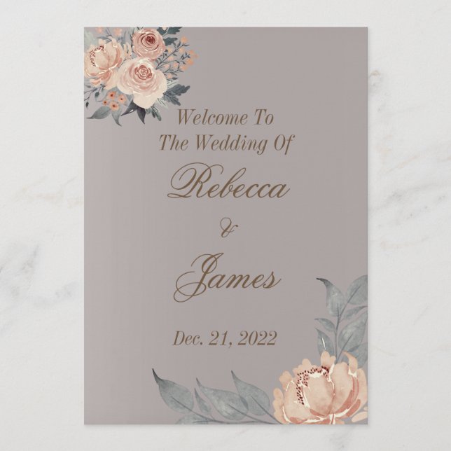 Elegant Romantic Silver Coral Floral Wedding Programme (Front)