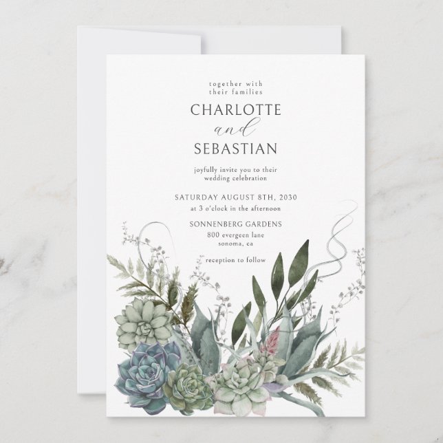 Elegant Romantic Succulents Floral Wedding Invitation (Front)