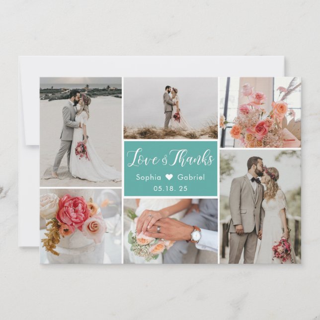 Elegant Romantic Teal 6 Photo Collage Wedding Thank You Card (Front)