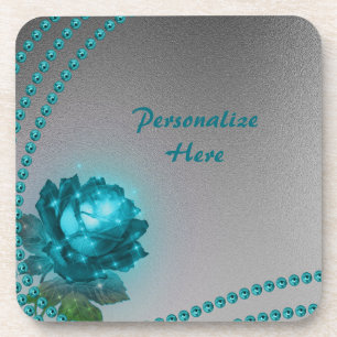 Elegant & Romantic Teal Pearls & Rose Personalised Coaster