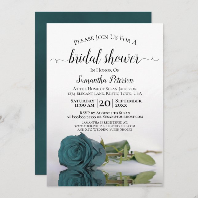 Elegant Romantic Teal Rose Bridal Shower Invitation (Front/Back)