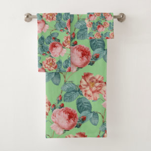 Elegant Romantic Vintage Pink Roses on Green Bath Towel Set