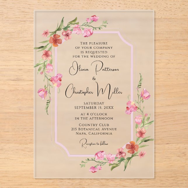 Elegant Romantic Watercolor Floral Wedding Acrylic Invitations (Front)