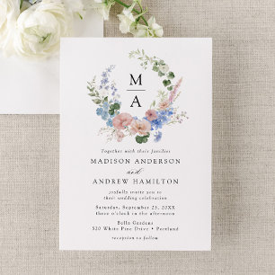Elegant Romantic Watercolor Floral Wreath Wedding Invitation