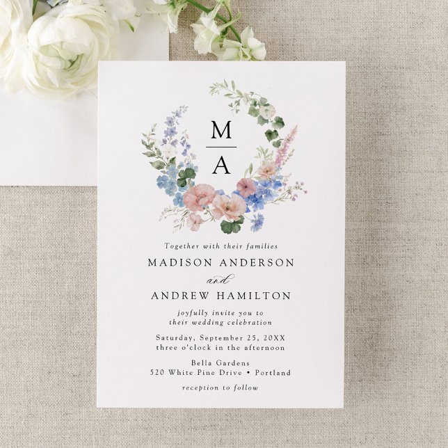 Elegant Romantic Watercolor Floral Wreath Wedding Invitation (Creator Uploaded)