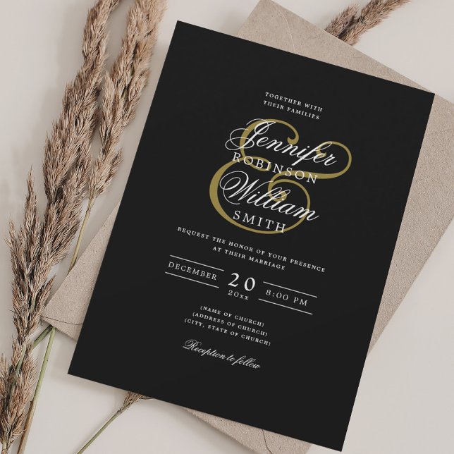 Elegant Romantic Wedding Classic Black Gold  Invitation (Elegant Romantic Wedding Classic Black Gold Invitation)