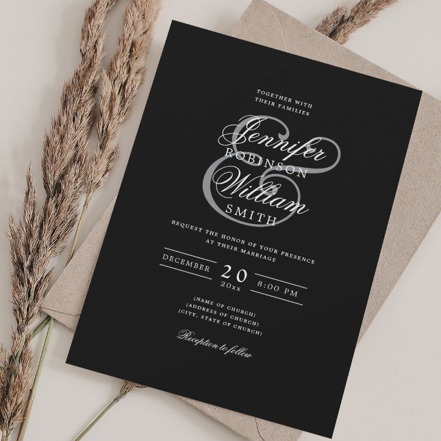 Elegant Romantic Wedding Classic Black Grey Invitation (Elegant Romantic Wedding Classic Black Gray Invitation)