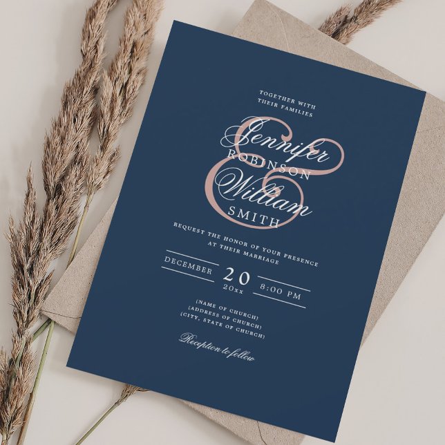 Elegant Romantic Wedding Classic Blush + Navy Blue Invitation (Elegant Romantic Wedding Classic Blush + Navy Blue Invitation)