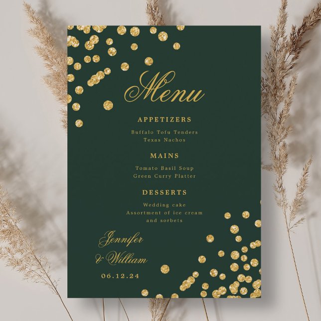 Elegant Romantic Wedding Confetti Gold Emerald Menu (Elegant Romantic Wedding Confetti Gold Emerald Menu)