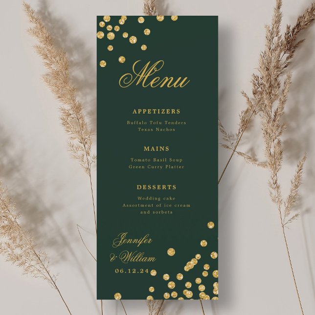 Elegant Romantic Wedding Confetti Gold Emerald Menu (Elegant Romantic Wedding Confetti Gold Emerald Menu)