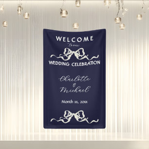 Elegant Romantic Wedding Navy Ribbon & Bow  Banner