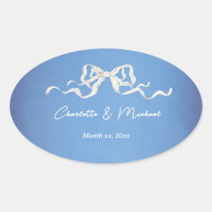 Elegant Romantic White Ribbon Wedding Oval Sticker