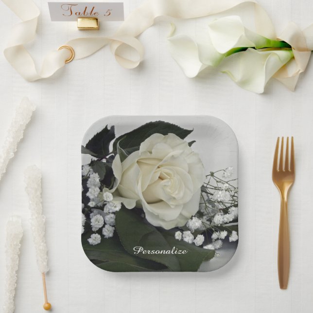 Elegant & Romantic White Rose Personalise Paper Plate (Wedding)