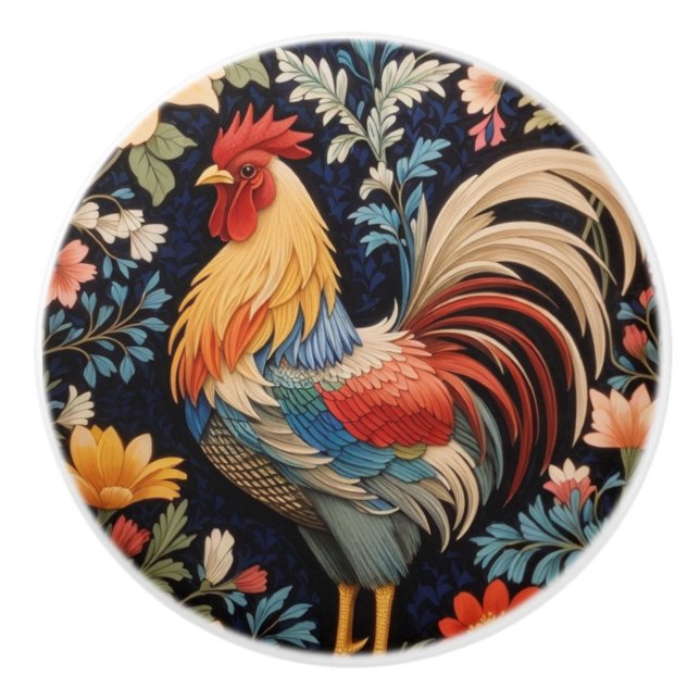 Elegant Rooster on Colourful Floral Background Ceramic Knob (Front)