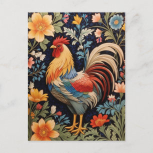 Elegant Rooster on Colourful Floral Background Postcard