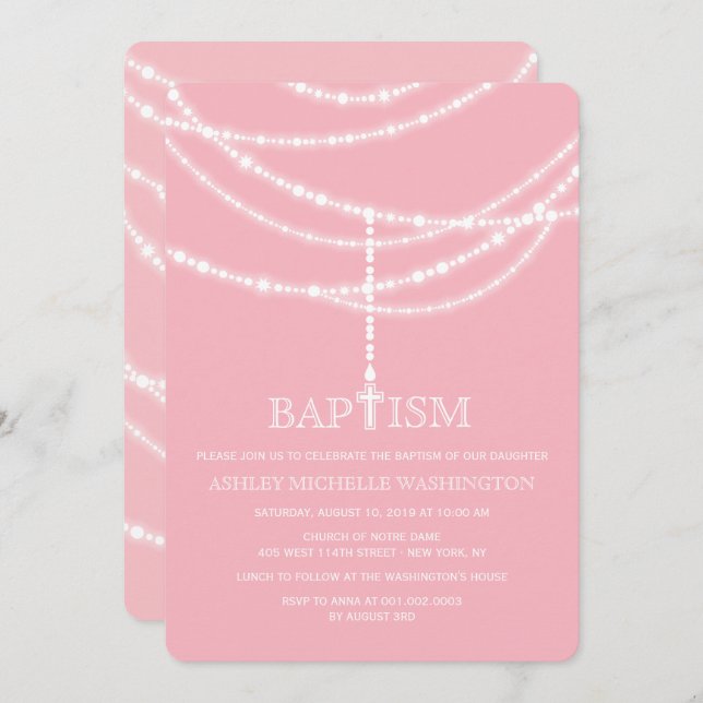 Elegant Rosary Cross Sparkles Baptism Religious Invitation (Front/Back)