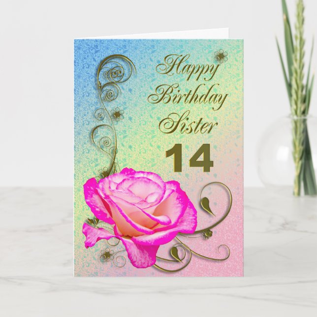 Elegant rose 14th birthday card for Sister (Front)