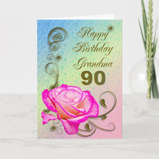 Elegant rose 90th birthday card for Grandma (Front)