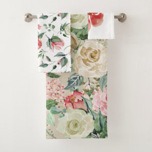 Elegant Rose and Cream Floral Watercolor Bath Towel Set
