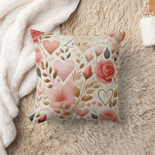 Elegant rose and heart pattern on white cushion