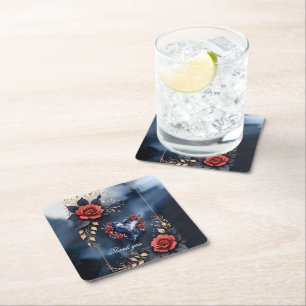 Elegant rose arrangement with golden foliage square paper coaster