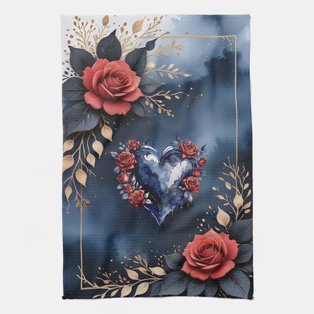 Elegant rose arrangement with golden foliage  tea towel (Vertical)