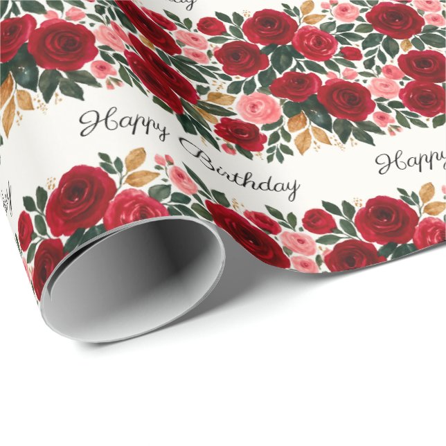 Elegant Rose Birthday Wrapping Paper – Red & Pink  (Roll Corner)