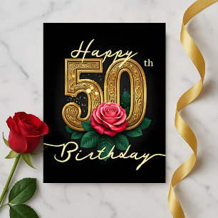 Elegant Rose Bloom and Luxe Golden 50th Birthday Postcard