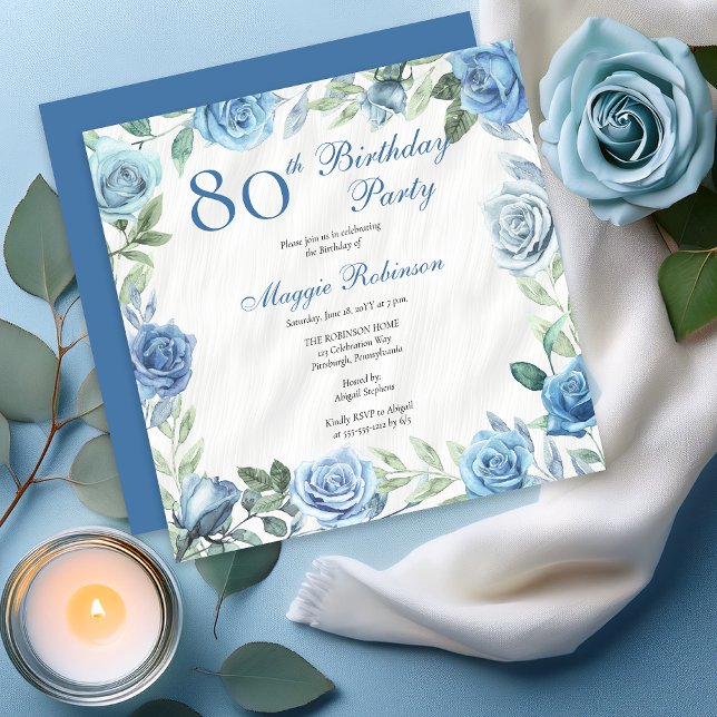 Elegant Rose Blue Floral Frame 80th Birthday Party Invitation (Elegant Blue Roses Floral Frame 80th Birthday Party Invitation - Available in Print and/or Digital)