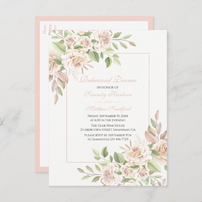 Elegant Rose Blush Pink Floral Rehearsal Dinner  I Invitation Postcard (Front/Back)