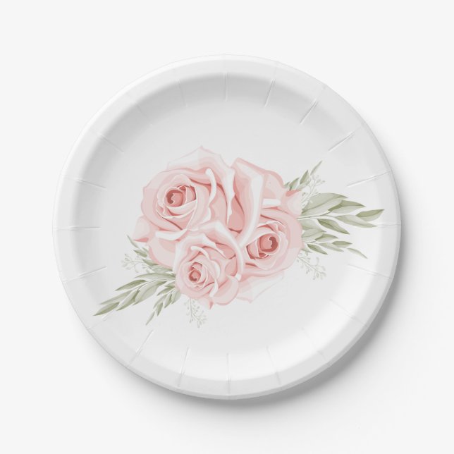 Elegant Rose Blush Pink Floral Wedding Party Paper Plate (Front)