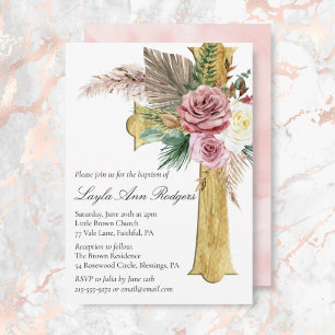 Elegant Rose Boho Floral Wooden Cross Baptism Invitation
