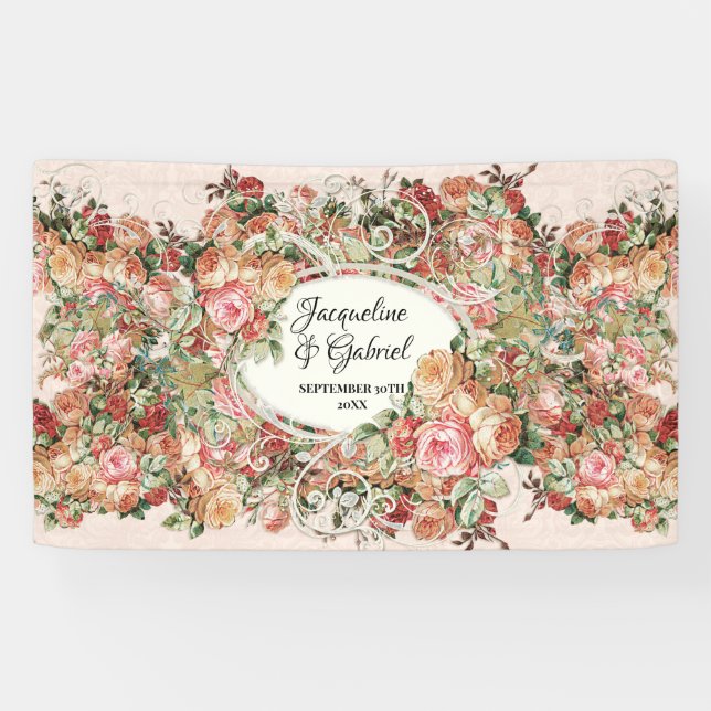 Elegant Rose Bouquet Pink Vintage Bridal Shower Banner (Horizontal)