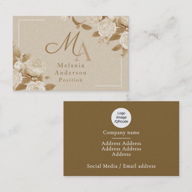 Elegant Rose Brown Monogram Business Card (Front/Back)
