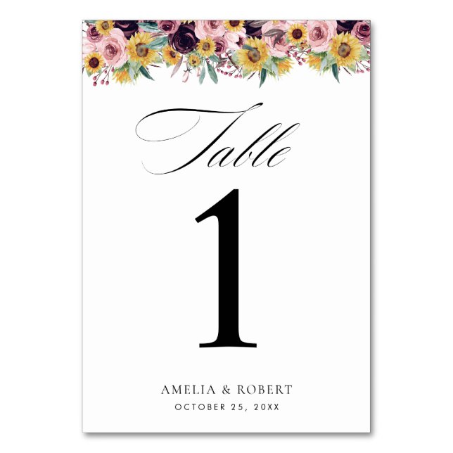 Elegant Rose Burgundy Sunflower Floral Wedding Table Number (Front)