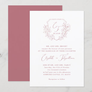 Elegant Rose Cherry Blossom Monogram Script Crest Invitation