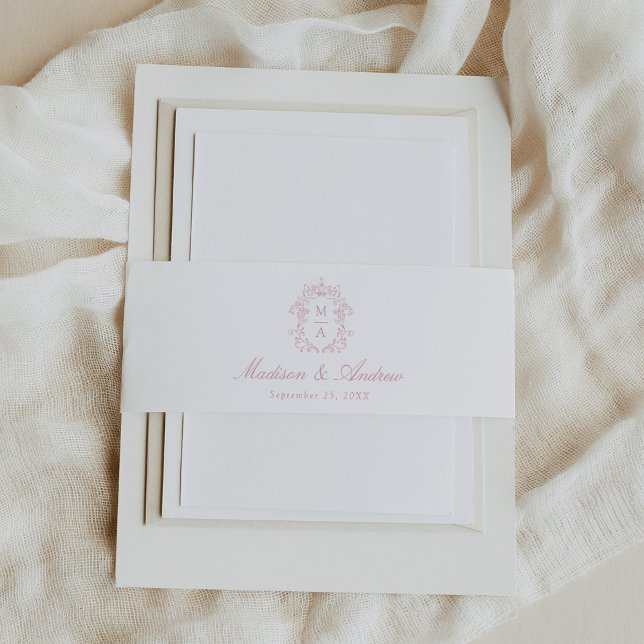 Elegant Rose Chinoiserie Crest Monogram Wedding Invitation Belly Band (Creator Uploaded)