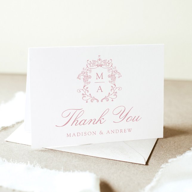 Elegant Rose Chinoiserie Monogram Crest Wedding Thank You Card (Creator Uploaded)