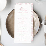 Elegant Rose Chinoiserie Victorian Floral Wedding Menu<br><div class="desc">Create a stunning dining experience with our Elegant Dusty Rose Pink Chinoiserie Floral wedding menu. Featuring elegant dusty rose calligraphy on a crisp white background, this customisable menu allows couples to add their names, wedding date, and personalised menu offerings. The back showcases a beautiful dusty rose and white Chinoiserie floral...</div>
