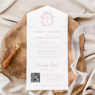 Elegant Rose Crest Chinoiserie Monogram Wedding All In One Invitation